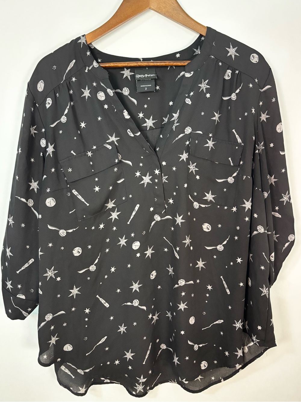Harry Potter Black Celestial Golden Snitch Star Print Blouse Size 2 XL